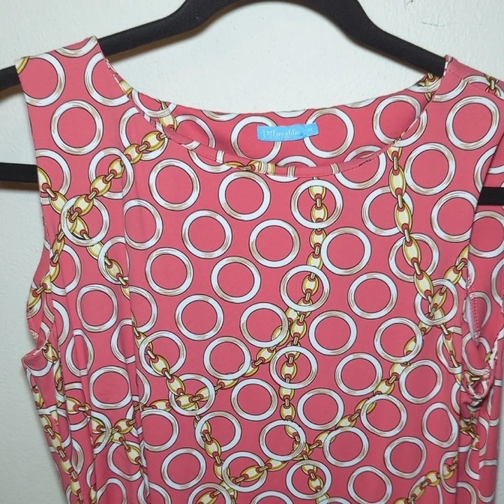J. McLaughlin Pink + Gold Circles + Chains Pattern Ruched Dress Women's Size M - Picture 3 of 7